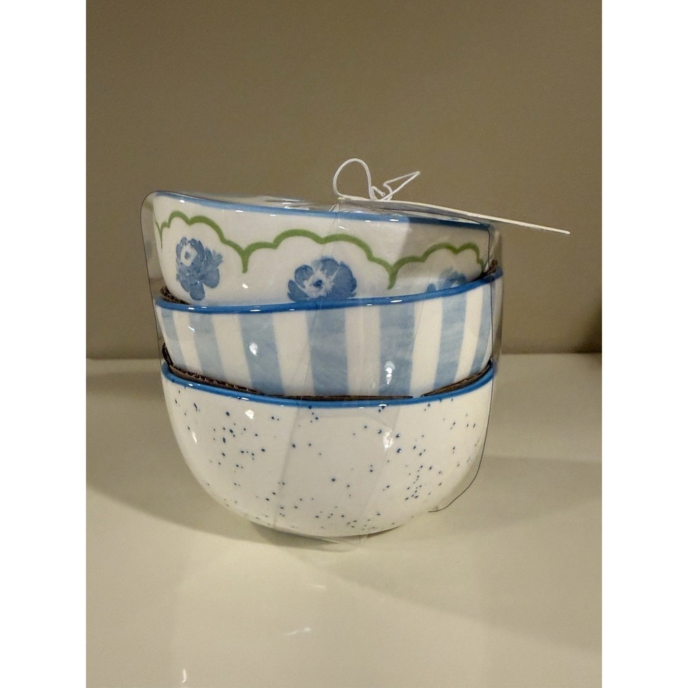 3- Prima Design Hydrangea & Blue Stripes Ceramic Cereal‎ Soup Bowl Set 5" NEW!